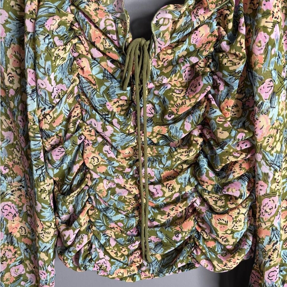 Free People Green Pink Floral Long Sleeve Cinched Blouse Back Cutout S - Picture 2 of 7